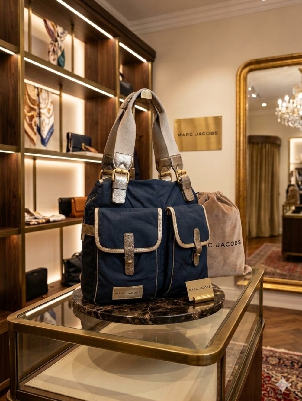 Marc Jacobs Navy Messenger Bag with Gold Trim